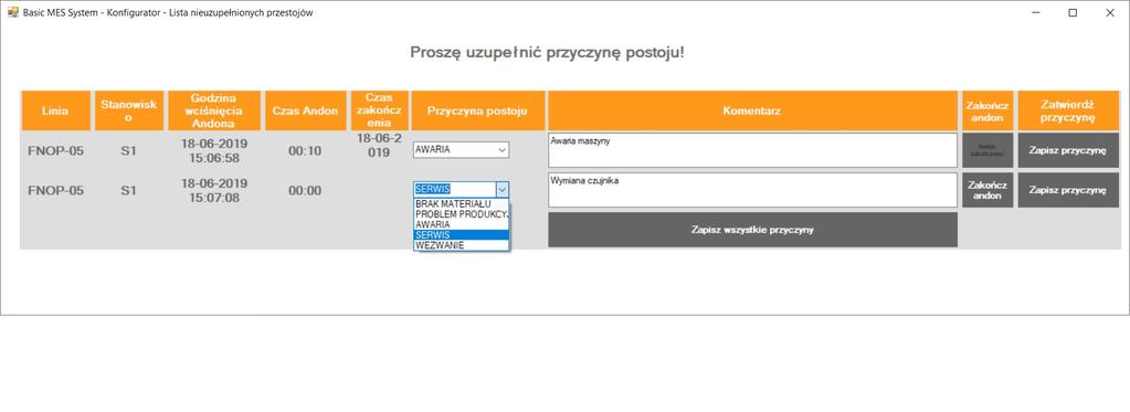 05 UZUPEŁNIANIE PRZYCZYN ANDON System po otrzymaniu zgłoszenia ANDON z produkcji, generuje powiadomienie w aplikacji Basic MES widoczne na komputerach operatorskich oraz urządzeniach mobilnych