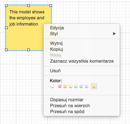The menu kontekstowe notatki zawiera: Opcja Edycja Styl Wytnij Kopiuj Wklej Zaznacz wszystkie komentarze Usuń Kolor Dopasuj rozmiar Przesuń na wierzch Przesuń na spód Opis Zmiana zawartości
