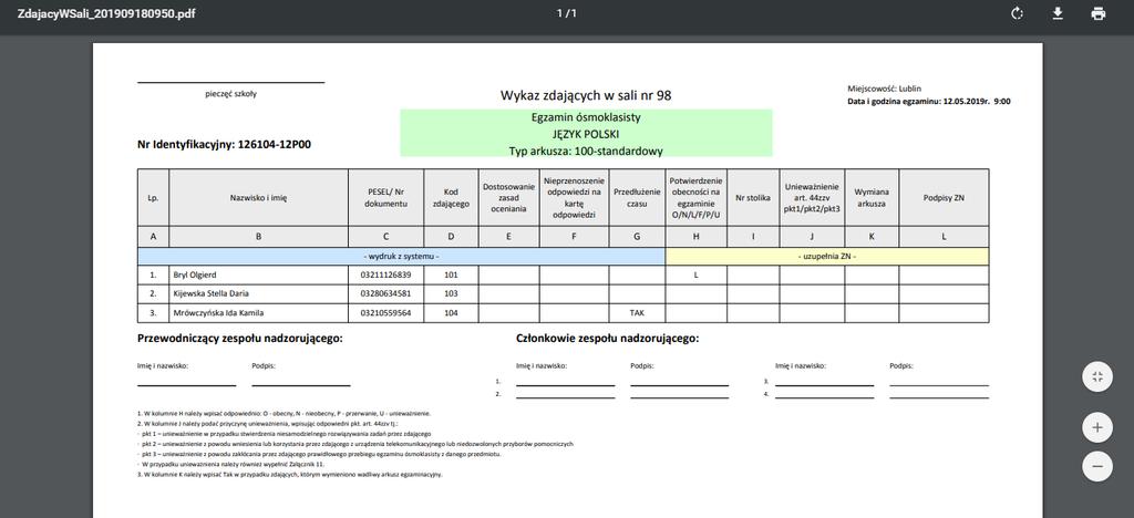 7 3. Pojawi się Wykaz zdających w sali.