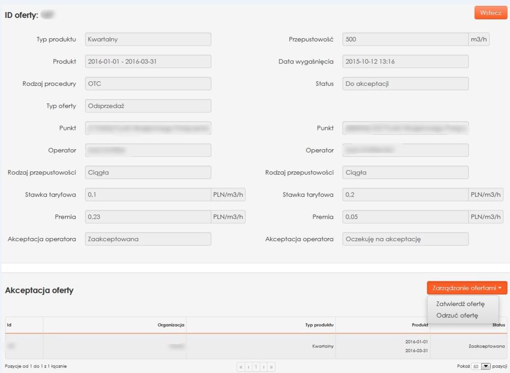Rys. 43 Akceptacja oferty przez Operatora Po akceptacji oferty przez Operatora oferta zmienia status na Zaakceptowana.