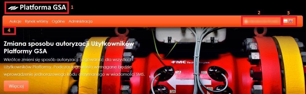 2 Podstawowe informacje o systemie GSA 2.1 Główne elementy portalu GSA Rys.1 Główne elementy portalu 1 - Panel z logo systemu, po kliknięciu wyświetlona jest strona główna systemu. UWAGA!