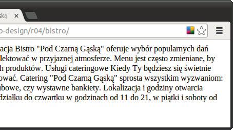 Krok 2. Nadajemy dokumentowi strukturę Ćwiczenie 4.2. Definiowanie podstawowej struktury 1. Otwórz dokument index.html, o ile nie zrobiłeś tego wcześniej. 2. Rozpocznij od dodania na samej górze deklaracji typu dokumentu HTML5: <!
