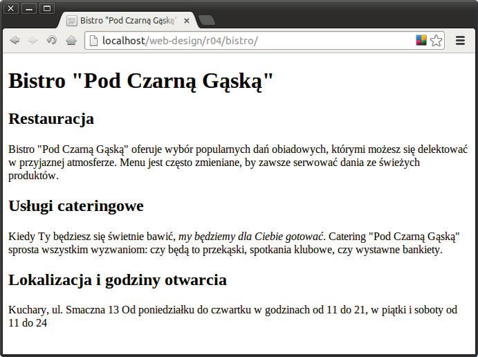 Krok 3. Oznaczamy elementy tekstowe Ćwiczenie 4.3. Definiowanie elementów tekstowych 1. Otwórz dokument index.html w edytorze, o ile jeszcze tego nie zrobiłeś. 2.