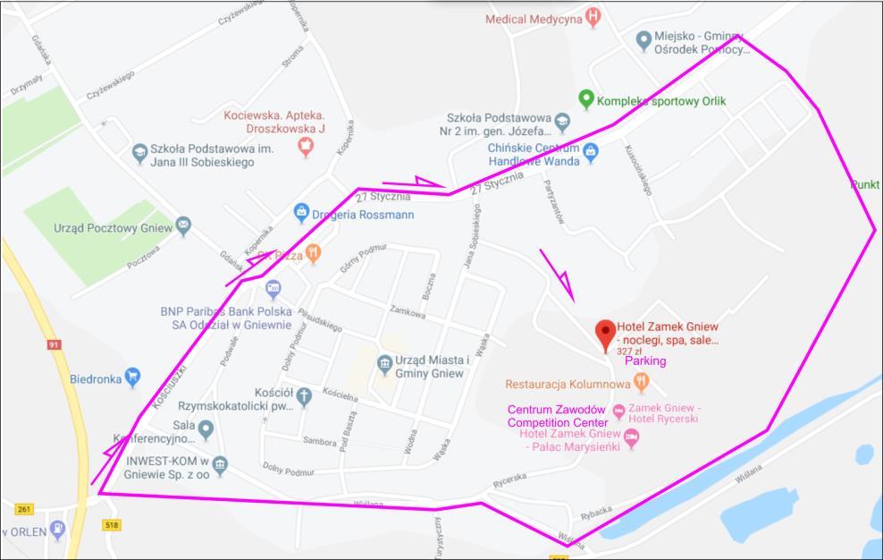 Centrum zawodów znajduje się na padoku (zamek dolny) w południowej części Zamku w Gniewie (53.8340, 18.8275). Parking zorganizowany jest na terenie zamku w Gniewie (GPS 53.8346, 18.