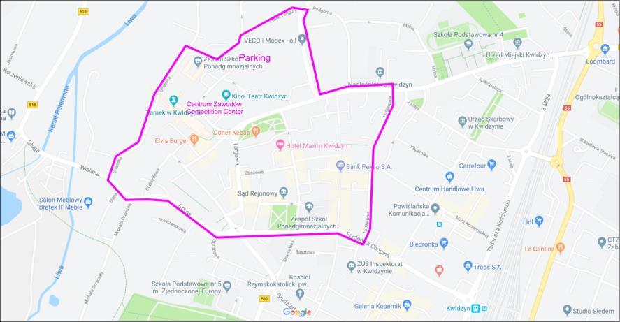 30 Start interwałowy co 1 minutę Limit czasu 60 minut Dojście do strefy startu 1050 m wyznaczone w terenie wstążeczkami koloru różowego Mapa - Kwidzyn Centrum II autor mapy Oleksandr Cepurdej,