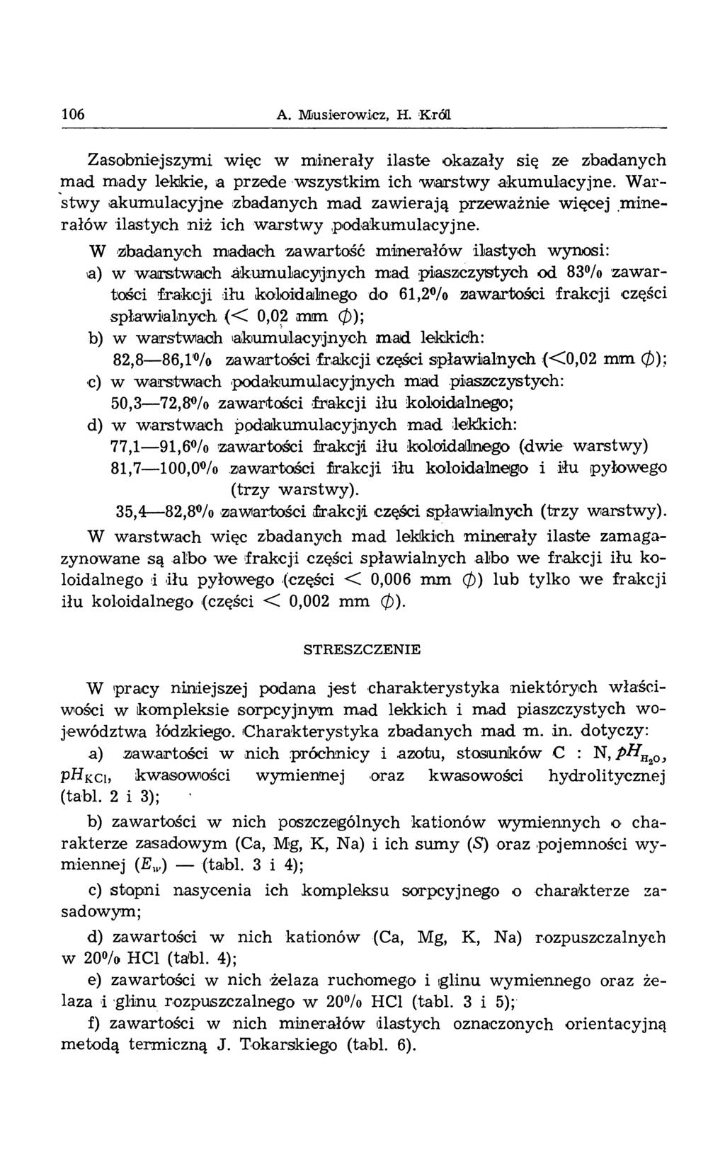 106 A. Musierowicz, H. Król Zasobniejszymi więc w minerały ilaste okazały się ze zbadanych mad mady lekkie, a przede wszystkim ich w arstw y akumulacyjne.
