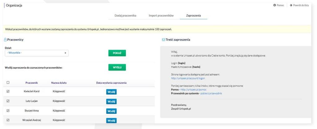 Wysyłanie zaproszeń z danymi dostępowymi do systemu HRnest pozwala wysłać pracownikom zaproszenie wraz z danymi dostępowymi do systemu.