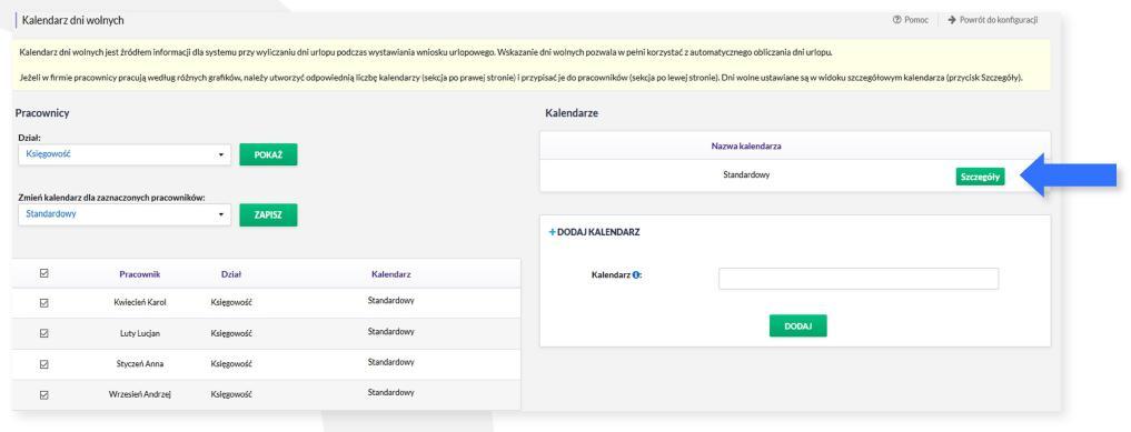 Aby zmienić przyporządkowanie kalendarza do Pracownika, wybierz Pracownika lub Pracowników z listy oraz właściwy kalendarz i kliknij przycisk