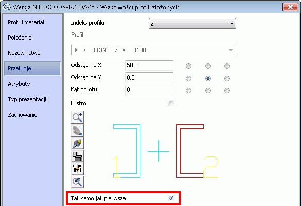 przekroju skrzynkowego Opcja Tak samo jak pierwsza dostępna dla składowych profilu złożonego Ustawienia (warstwy,