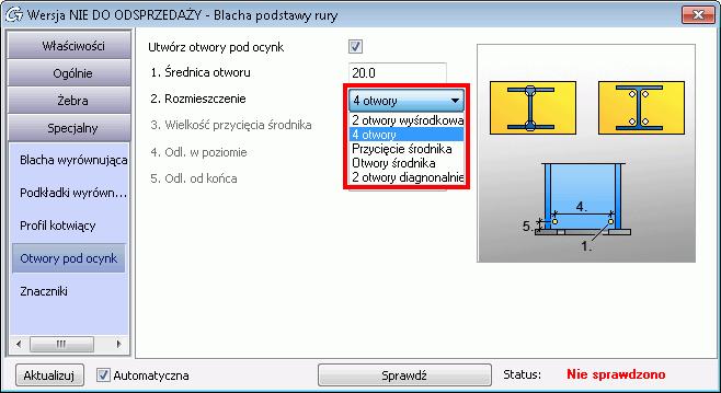 otworów pod ocynkowanie Usprawnienia rozmieszczenia dla opcji 4 otwory pod ocynkowanie Opcje dla zmiany