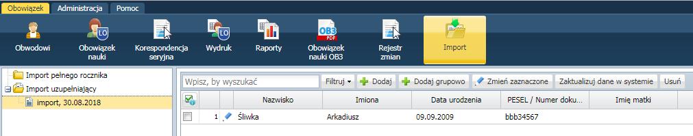 Aby dziecko pojawiło się w systemie, w odpowiedniej kartotece należy zaktualizować dane w systemie (patrz Ćw.