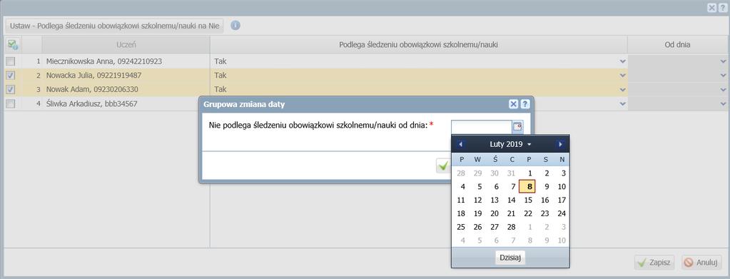Określ grupową zmianę daty i zapisz zmiany. 6. Po wprowadzeniu wszystkich poprawnych informacji kliknij przycisk Zapisz.