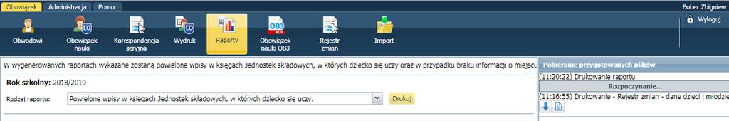 Drukowanie dostępnych raportów Program Obowiązek nauki umożliwia przygotowanie raportów: Powielone wpisy w księgach Jednostek składowych, w których dziecko się uczy oraz Brak informacji o miejscu