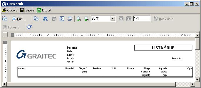 Zestawienie można wydrukować, zapamiętać, eksportować do PDF (lub innych formatów) lub wysłać przez email przy