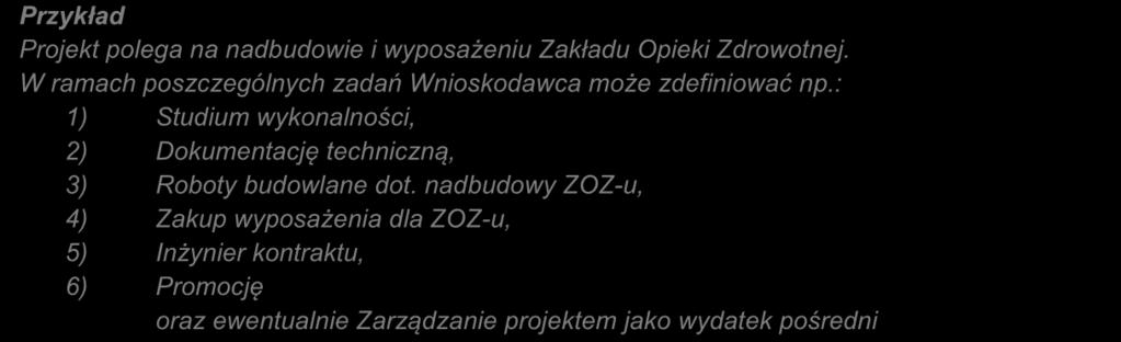 nadbudowy ZOZ-u, 4) Zakup wyposażenia dla ZOZ-u, 5) Inżynier kontraktu, 6) Promocję oraz ewentualnie Zarządzanie projektem jako wydatek pośredni 7) Każde z wyżej wymienionych zadań będzie realizowane