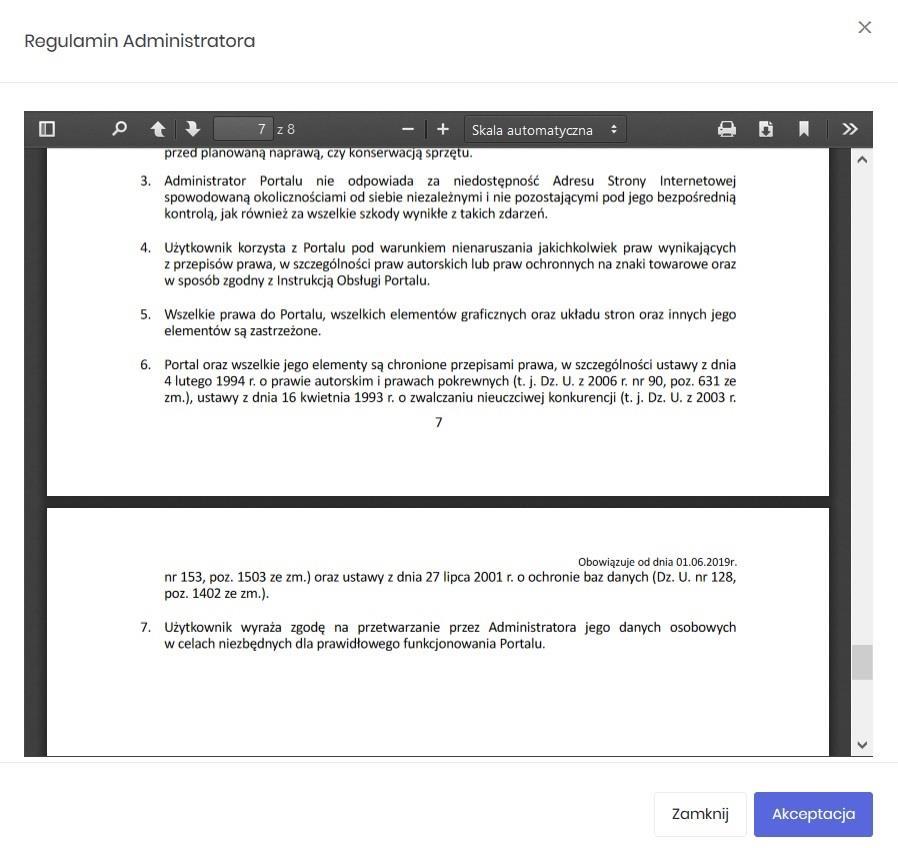 Jeżeli Użytkownik nie zaakceptuje Regulaminu Administratora nastąpi automatyczne wylogowanie z konta pojawi się następujący
