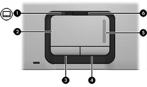 Elementy na górnej części komputera Płytka dotykowa TouchPad Element Opis (1) Wskaźnik płytki dotykowej TouchPad Niebieski: Płytka dotykowa TouchPad jest włączona.