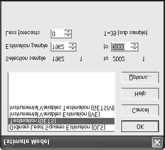 Modelowanie od ogólnego do szczególnego i modelowanie zgodne w PcGes 161 Rys. 3. Okno wyboru meody esymacji modelu i okresu próby 'UyGáR RNQR SURJUDPX PcGes.