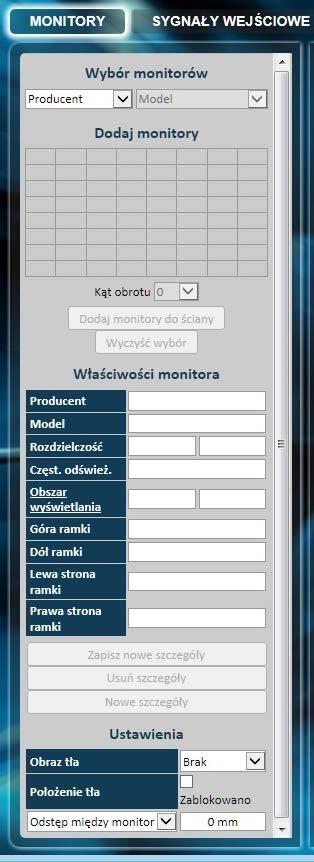 KROK 8 TRYBY PRACY Monitory Wejścia Urządzenia Stan Z listy rozwijanej po lewej stronie wybierz producenta monitora, a następnie model.