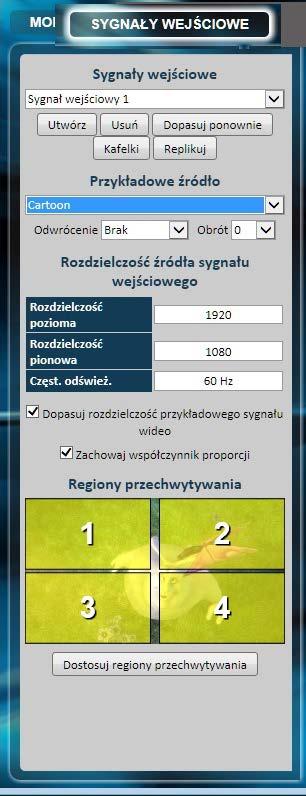 Kliknij przycisk Dodaj monitory do ściany, a następnie otwórz kartę Wejścia. Ustaw źródła wejściowe, które mają być wyświetlane na monitorach.