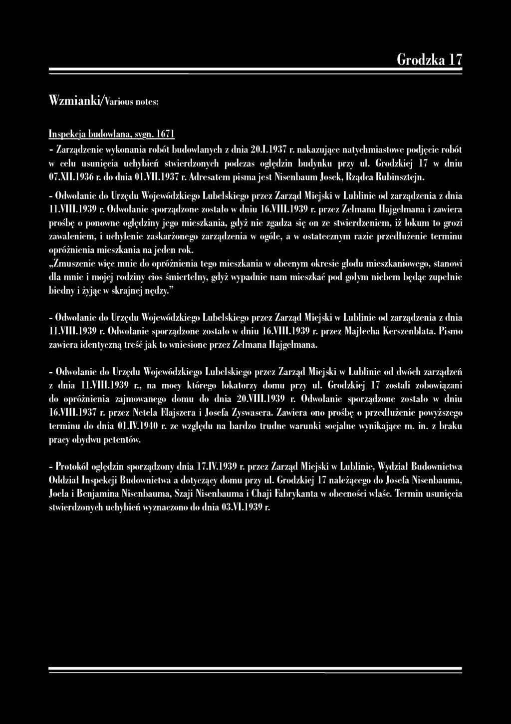 Grodzka 17 Wzmianki/Various notes: Inspekcja budowlana, sygn. 1671 - Zarządzenie wykonania robót budowlanych z dnia 20.I.1937 r.