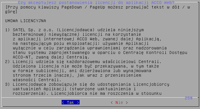 Wybierz Tak, jeżeli akceptujesz warunki umowy licencyjnej do ACCO Server i chcesz kontynuować aktualizację. 10.