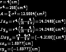 .Figura ćwiartka koła r=4[cm] kąt OX: 0 [stopnie] Wartości Jxo, Jyo, Dxyo w układzie XoYo bez obrotu figury 1.