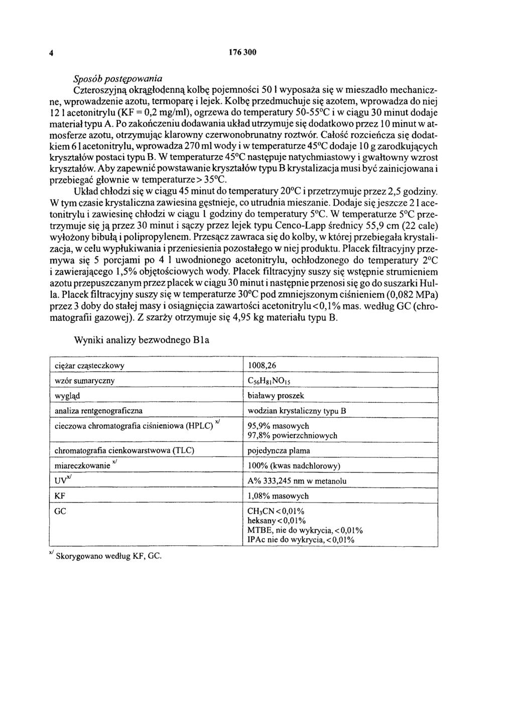 4 176 300 Sposób postępowania Czteroszyjną okrągłodenną kolbę pojemności 50 l wyposaża się w mieszadło mechaniczne, wprowadzenie azotu, termoparę i lejek.