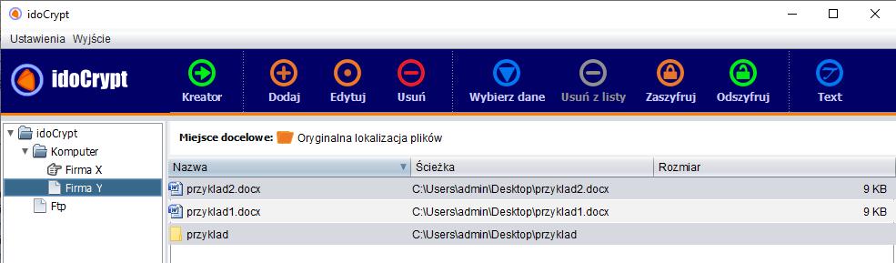 Wybrane dane pojawią się na liście, następnie możemy zmienić miejsce docelowe(folder) gdzie będą zapisane odszyfrowane/zaszyfrowane pliki klikając na Oryginalna lokalizacja plików