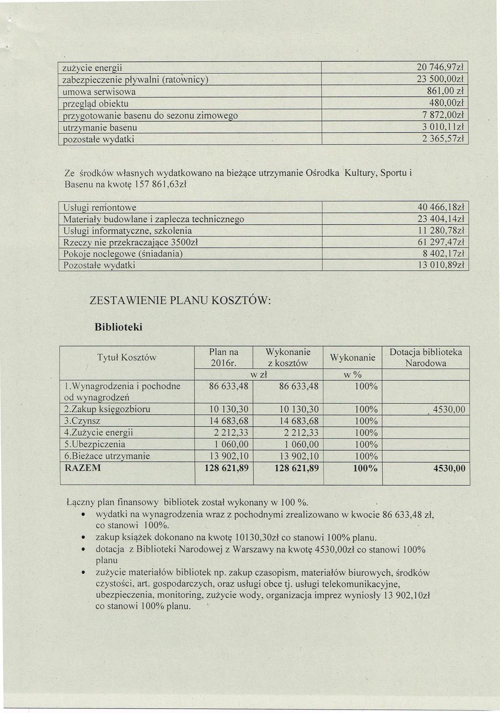 zużycie energii 20 746,97z1 zabezpieczenie p ływalni (ratownicy) 23 500,00z1 umowa serwisowa 861,00 zł przeglqd obiektu 480,00z1 przygotowanie basenu do sezonu zimowego 7 872,00z1 utrzymanie basenu 3