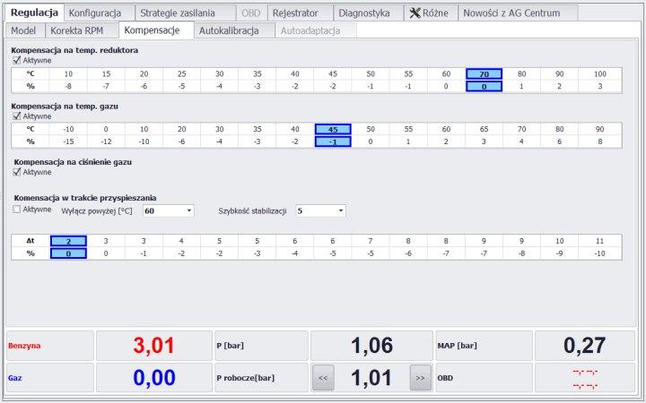 Regulacja - Kompensacje Zakładka Kompensacje zawiera funkcje, dzięki którym możliwe jest zredukowanie wpływu zmian temperatury i ciśnienia czy przyspieszania na mieszankę.