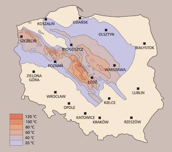 Potencjał energii geotermalnej z uwzględnieniem okręgów i subbasenów Źródło: Roman Ney i Julian Sokołowski, 1992.