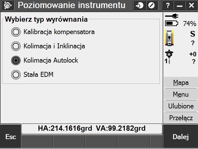 Instrument zmienia położenie lunety, ustawiając się na punkcie zodnie z obecnie wyznaczonymi wartościami kolimacji.