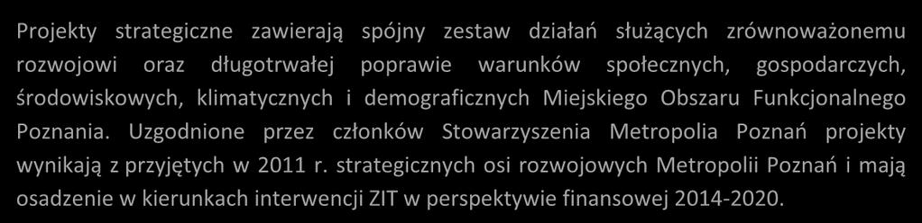 Projekty strategiczne zawierają spójny zestaw działań służących zrównoważonemu rozwojowi oraz długotrwałej poprawie warunków społecznych, gospodarczych, środowiskowych, klimatycznych i