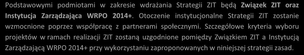 Podstawowymi podmiotami w zakresie wdrażania Strategii ZIT będą Związek ZIT oraz Instytucja Zarządzająca WRPO 2014+.