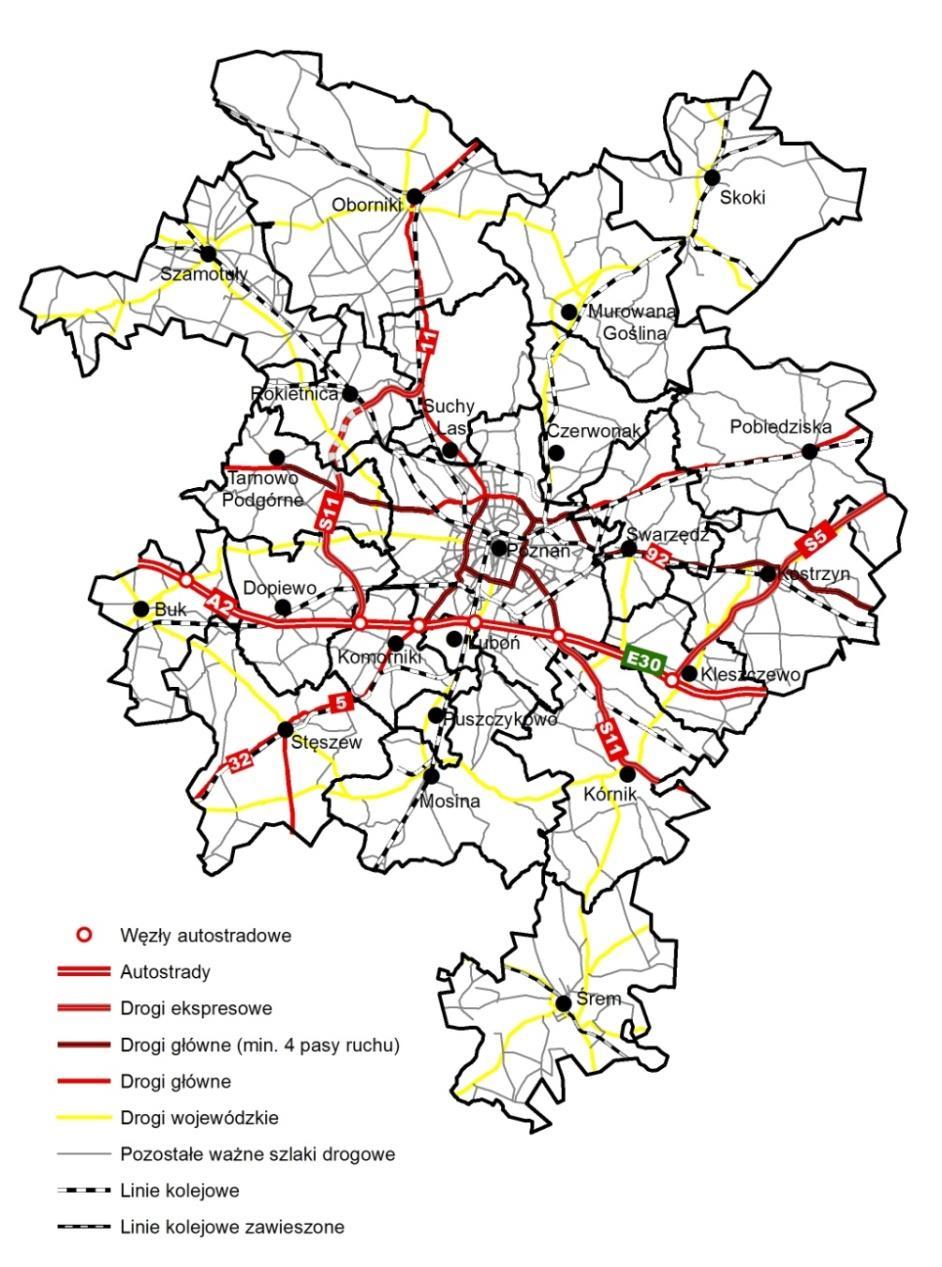 Ryc. 5 Infrastruktura transportowa w Metropolii Poznań (2013 r.). Źródło: Studium uwarunkowań rozwoju przestrzennego Aglomeracji Poznańskiej, 2012.