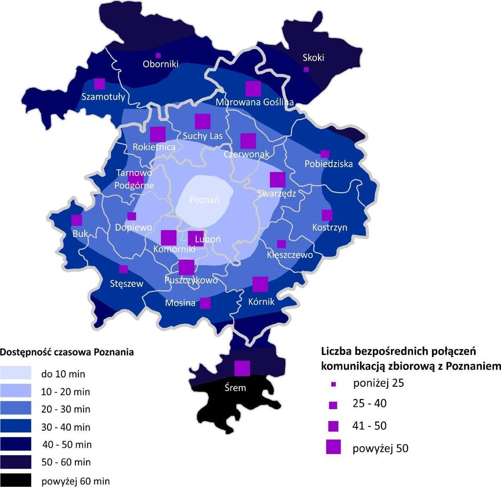 Ryc. 7 Dostępność czasowa Poznania z obszaru Metropolii przy wykorzystaniu komunikacji zbiorowej (2013 r.). Źródło: Opracowanie własne.