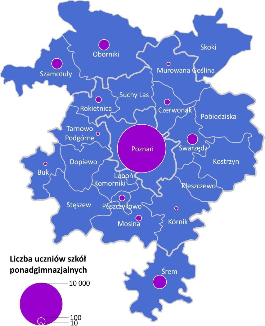Ryc. 10 Liczba uczniów szkół ponadgimnazjalnych w Metropolii Poznań (2013 r.). Źródło: Opracowanie własne na podstawie danych GUS, 2014.