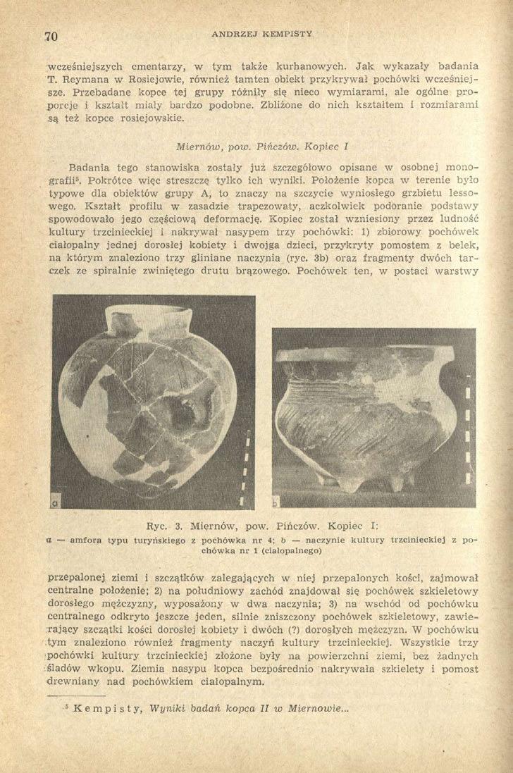 70 ANDRZEJ KEMPISTY wcześniejszych cmentarzy, w tym także kurhanowych. Jak wykazały badania T. Reymana w Rosiejowie, również tamten obiekt przykrywał pochówki wcześniejsze.