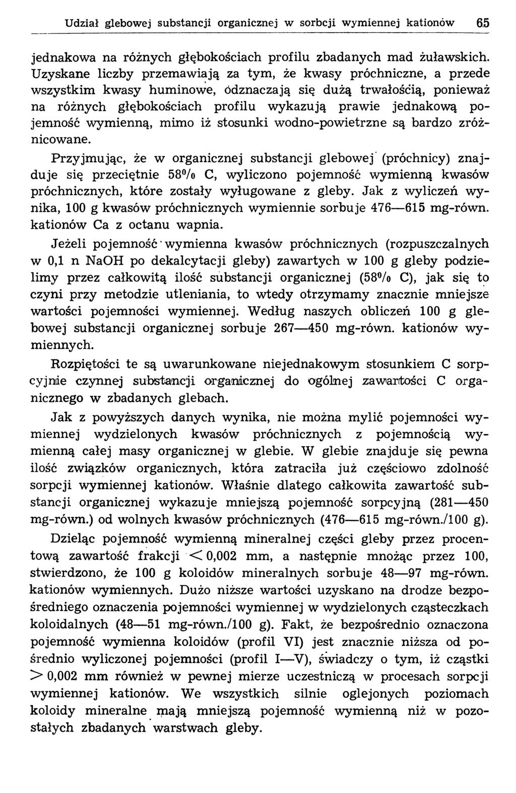 Udział glebowej substancji organicznej w sorbcji wymiennej kationów 6.5 jednakowa na różnych głębokościach profilu zbadanych mad żuławskich.