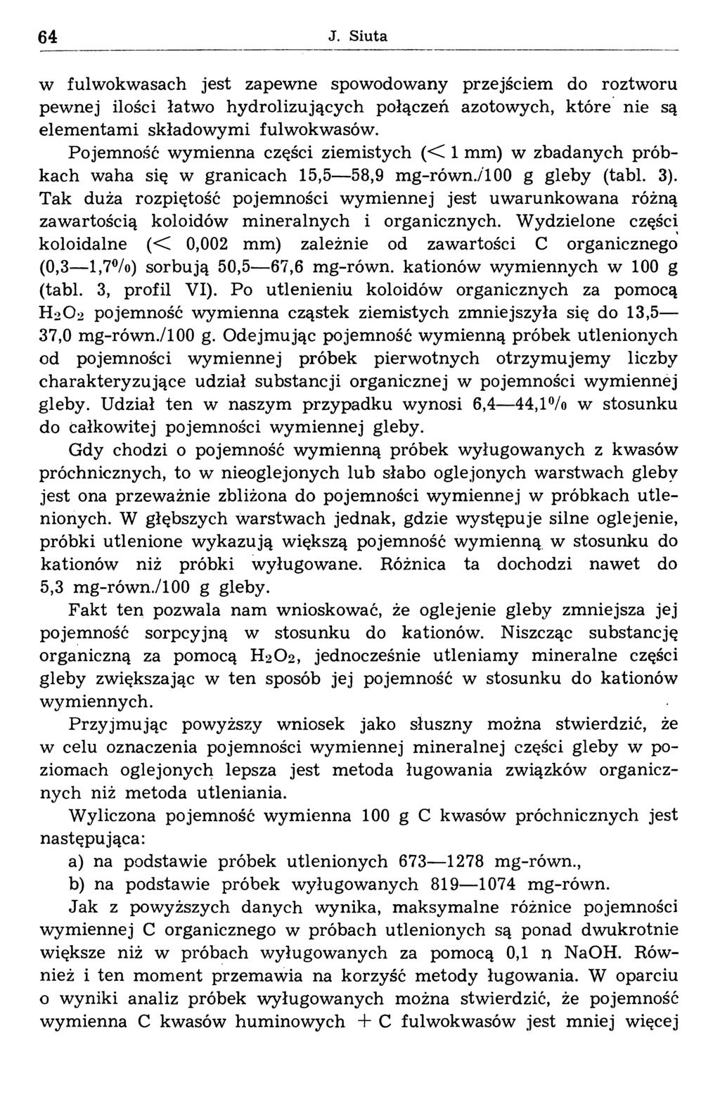 64 J. Siuta w fulwokwasach jest zapewne spowodowany przejściem do roztworu pewnej ilości łatwo hydrolizujących połączeń azotowych, które nie są elem entam i składowymi fulwokwasów.