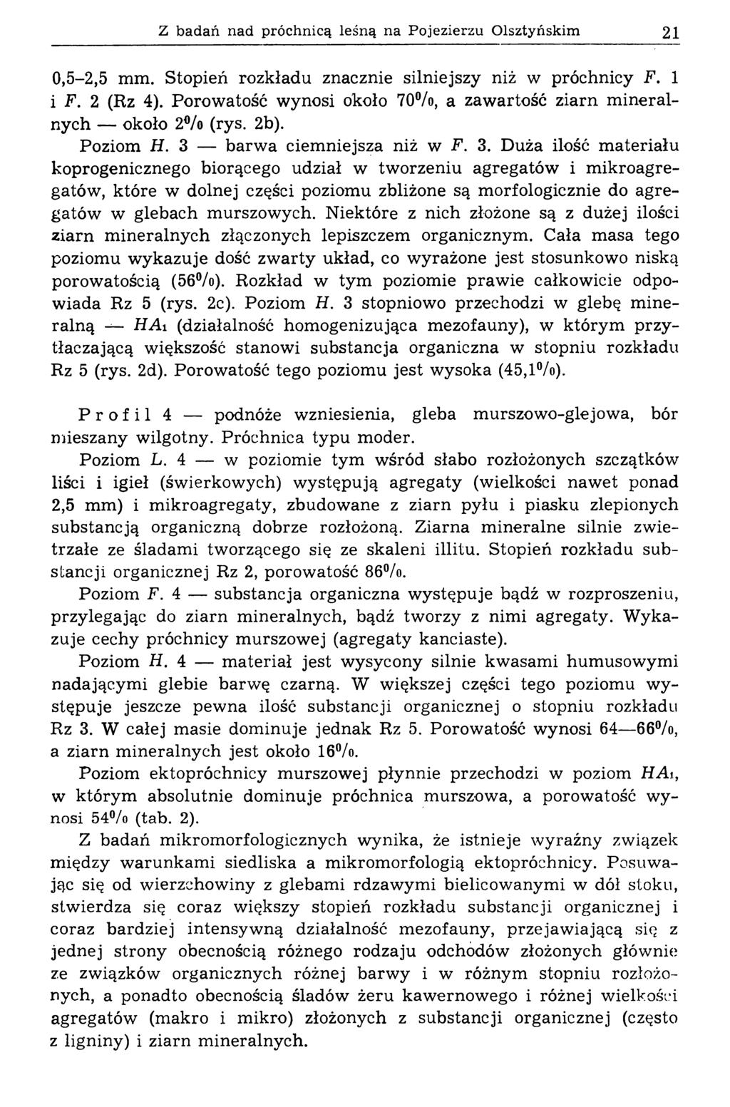 Z badań nad próchnicą leśną na Pojezierzu Olsztyńskim 21 0,5-2,5 mm. Stopień rozkładu znacznie silniejszy niż w próchnicy F. 1 i F. 2 (Rz 4).