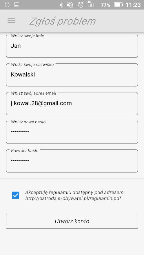 Po kliknięciu przycisku Utwórz konto w aplikacji pokazany zostanie formularz rejestracji. Następnie należy wypełnić formularz rejestracji prawdziwymi danymi.