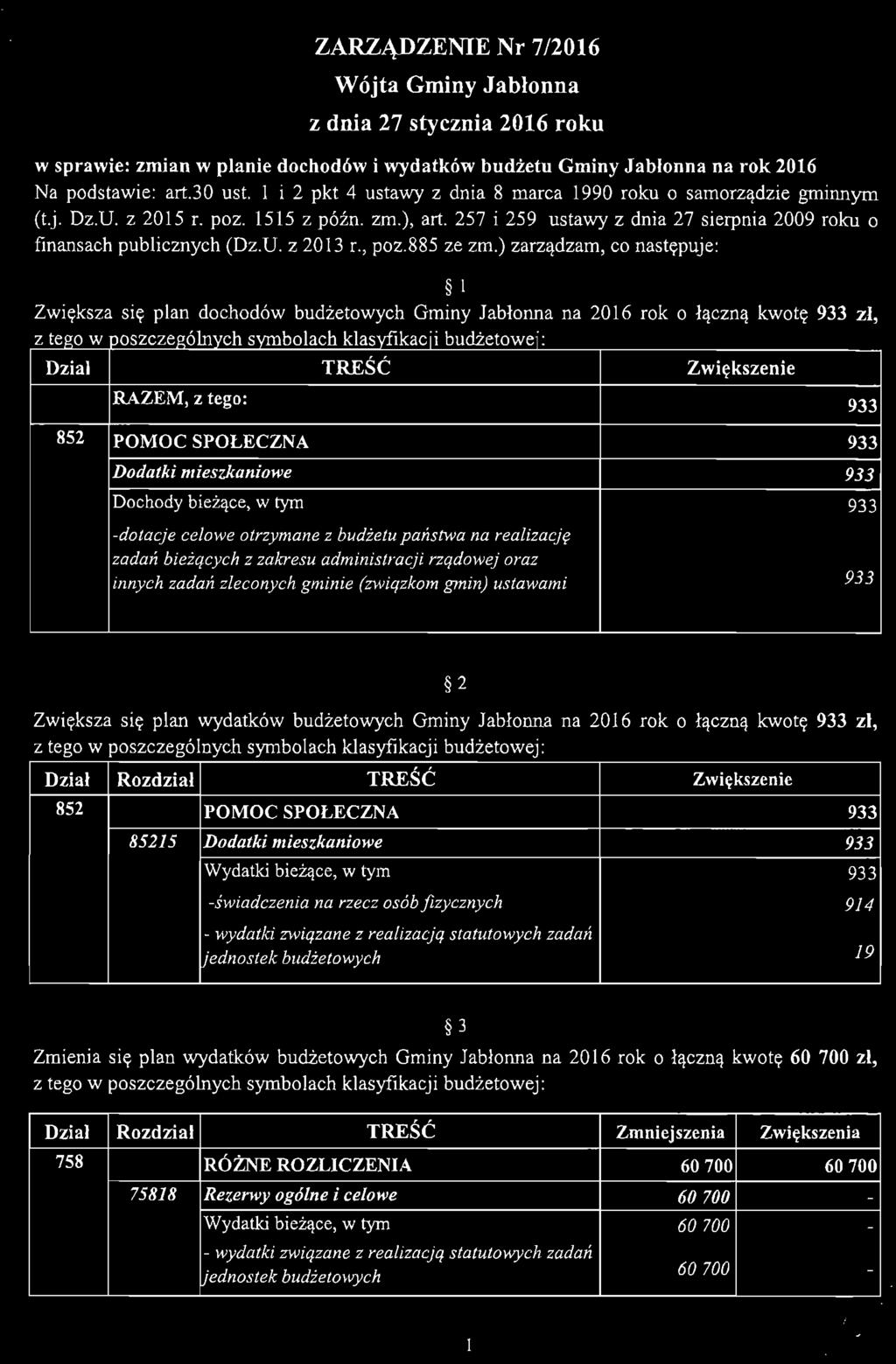 1 i 2 pkt 4 ustawy z dnia 8 marca 1990 roku o samorządzie gminnym (t.j. Dz.U. z 2015 r. poz. 1515 z póżn. zm.), art. 257 i 259 ustawy z dnia 27 sierpnia 2009 roku o finansach publicznych (Dz.U. z 2013 r.