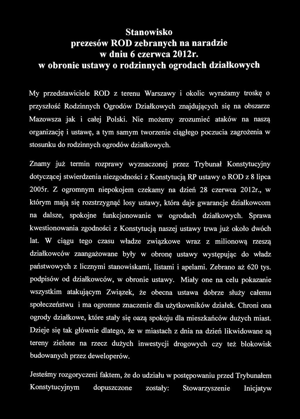 Stanowisko prezesów ROD zebranych na naradzie w dniu 6 czerwca 2012r.