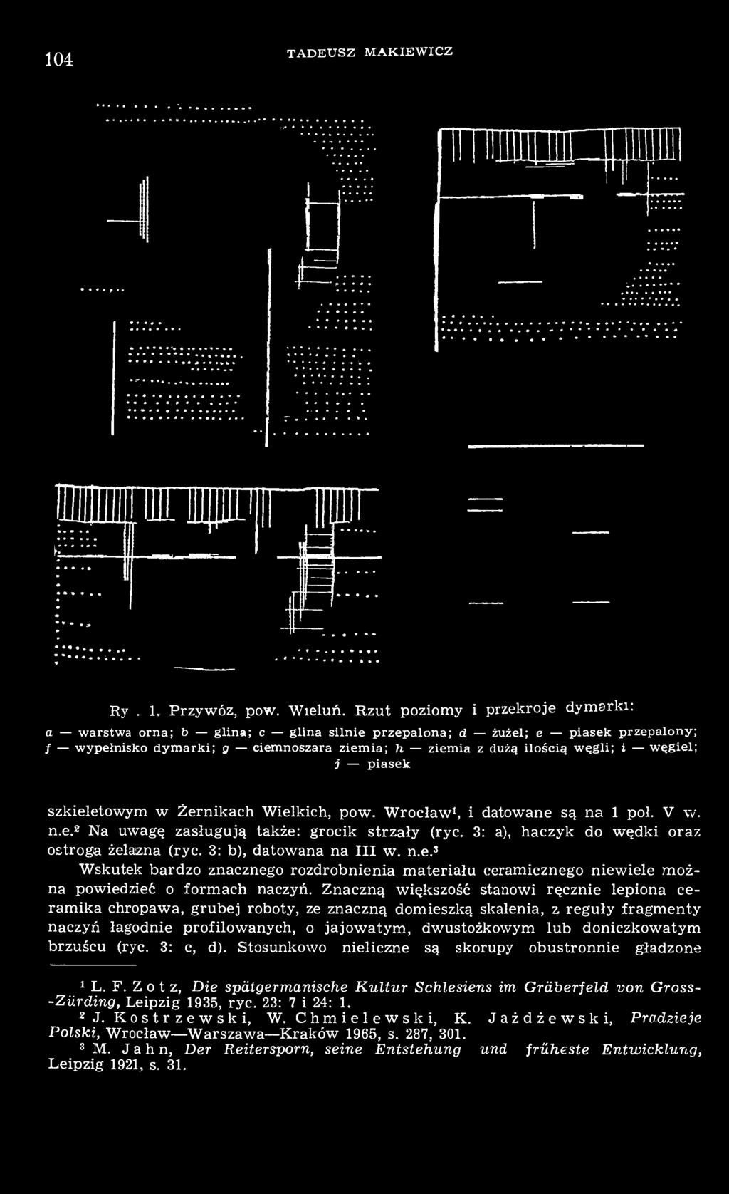 e m n o s z a r a z i e m i a ; h z i e m i a z dużą ilością w ę g l i ; i w ę g i e l ; j piasek szkieletowym w Żernikach Wielkich, pow. Wrocław 1, i datowane są na 1 poł. V w. n.e.2 Na uwagę zasługują także: grocik strzały (ryc.