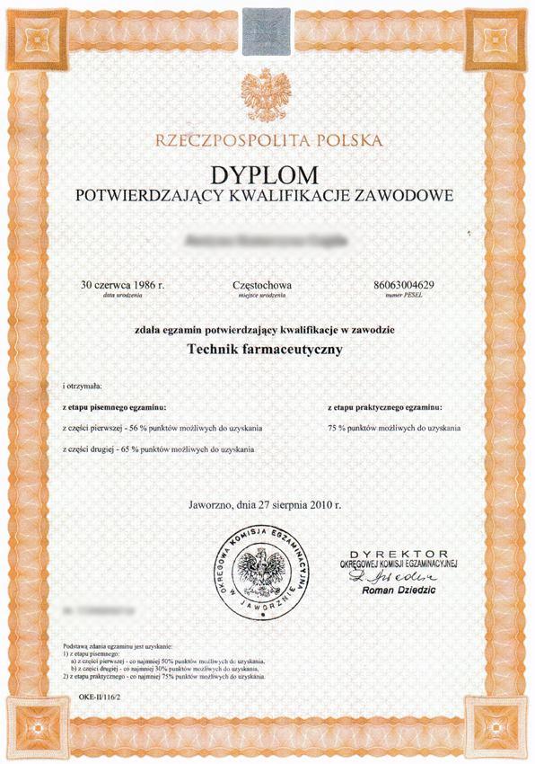 Certyfikat Absolwent, który zdał egzaminy z wszystkich 2 kwalifikacji w zawodzie, otrzymuje dyplom potwierdzający kwalifikacje zawodowe.