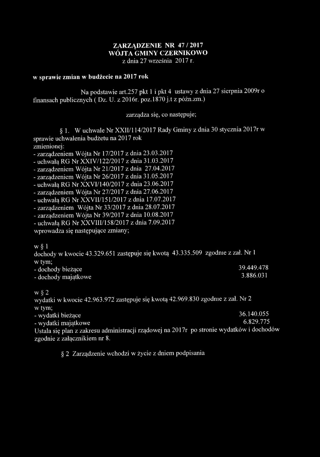 W uchwale Nr XXII/114/2017 Rady Gminy z dnia 30 stycznia 2017r w sprawie uchwalenia budżetu na 2017 rok zmienionej: - zarządzeniem Wójta Nr 17/2017 z dnia 23.03.