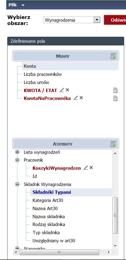 8 Materiały dla uczestnika instruktażu Każdy obszar posiada zdefiniowane pola, które mogą być użyte, aby wygenerować na ich podstawie raporty. Pola podzielone są na dwie grupy: miary i atrybuty.