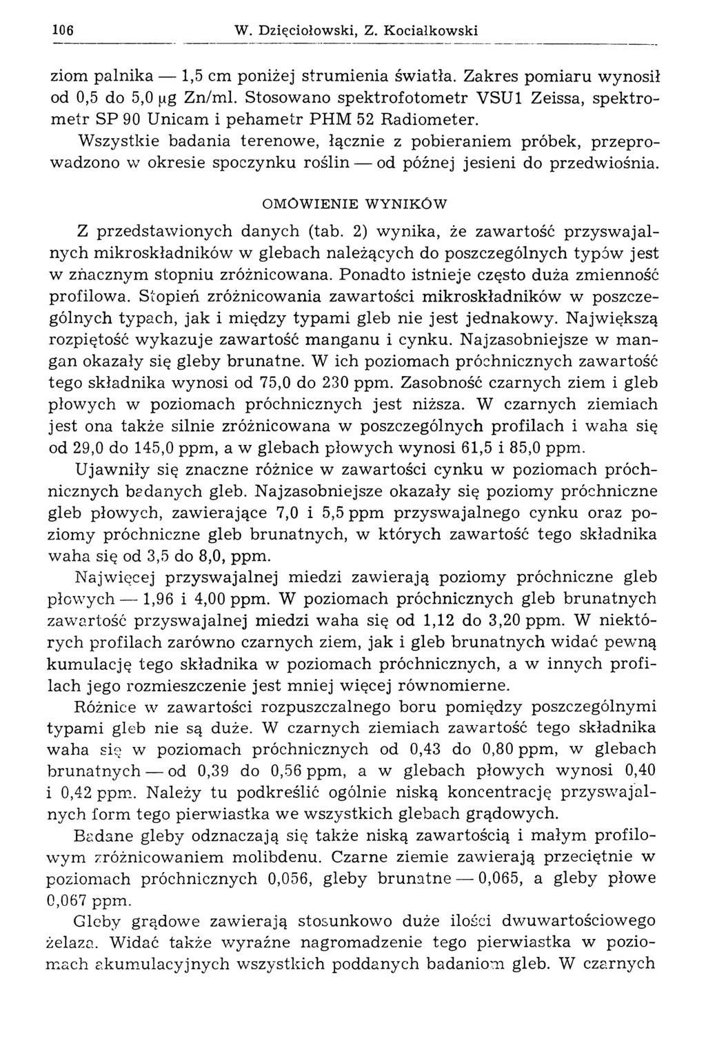 106 W. Dzięciołowski, Z. Kocialkowski ziom palnika 1,5 cm poniżej strum ienia światła. Zakres pom iaru wynosił od 0,5 do 5,0 (mg Zn/m l.